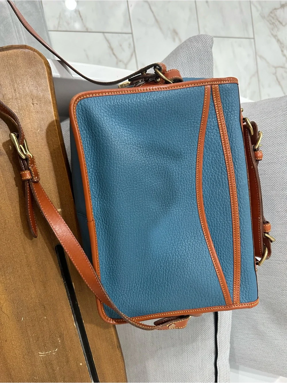 Dooney & Bourke Blue and Brown Vintage Leather Satchel - Picture 2 of 7